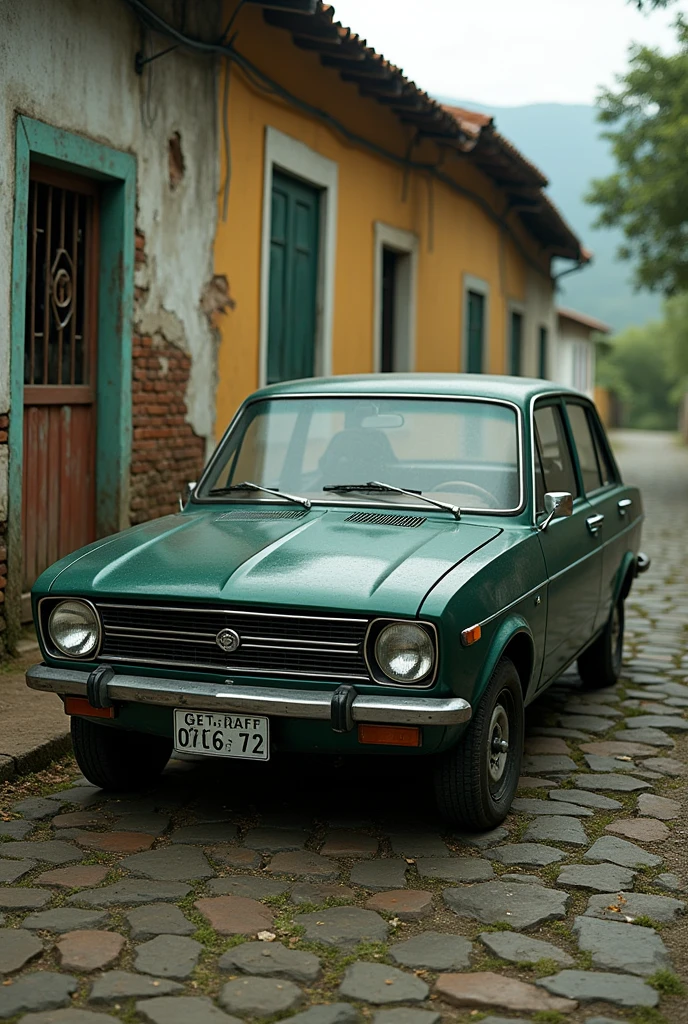 Dark green Chevette car in front of old house and cobblestone street in northeastern Brazil