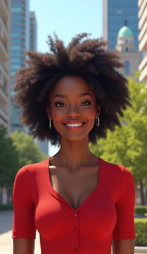 Create an image of a black woman in her 20s. She has a warm smile and expressive eyes.. Your hair is curly and voluminous, framing your face elegantly. She is wearing a red fitted blouse., highlighting his athletic physical form. Wear small, delicate silver earrings. The background is a modern urban setting, With buildings and trees in the background, Under a clear blue sky. Sunlight softly illuminates the scene, highlighting your natural features and conveying a sense of energy and positivity.
