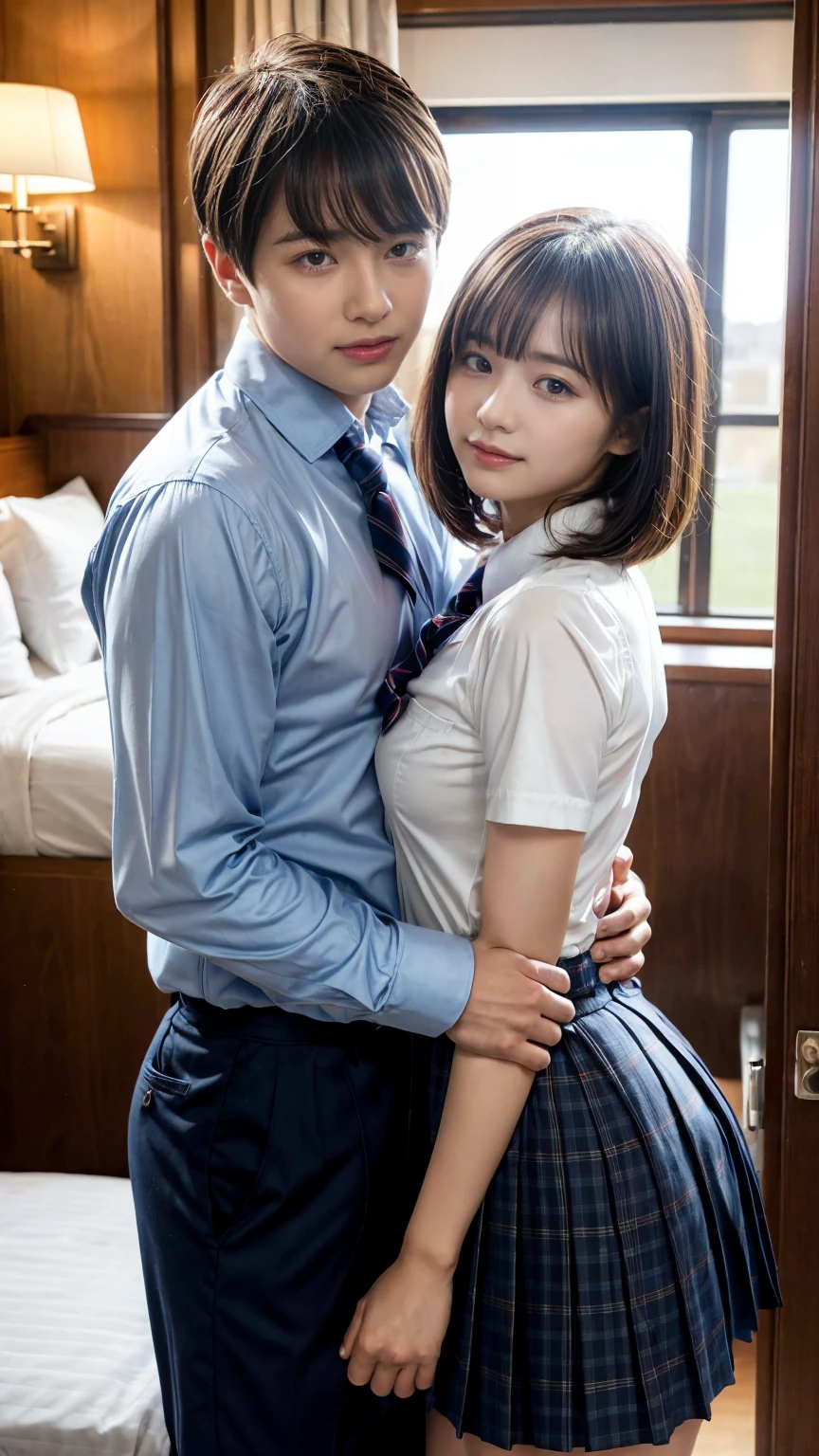 1 school girl being hugged from back by 1 man:1.2,close to each other:1.1), (man's hand touching her breast:1.1),very cute face,bob cut,School uniform,embarrassed,hotel room,perfect anatomy, masterpiece, best quality,8k,perfect face,from front,upper body