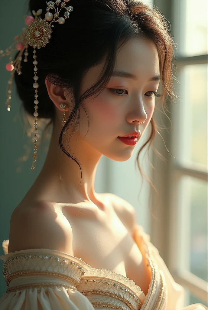 An elegantly dressed Japanese woman in natural light、A close-up of her chest and calm expression.、It shows her inner peace and outer charm.。