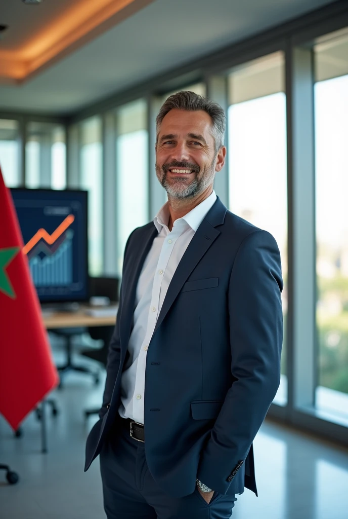 Handsome man in his 30s smiling standing inside a company"Belharrouch" The glass in broad daylight points to the computer displaying the company&#39;s upward curve, and the Moroccan flag flutters beside the desk.