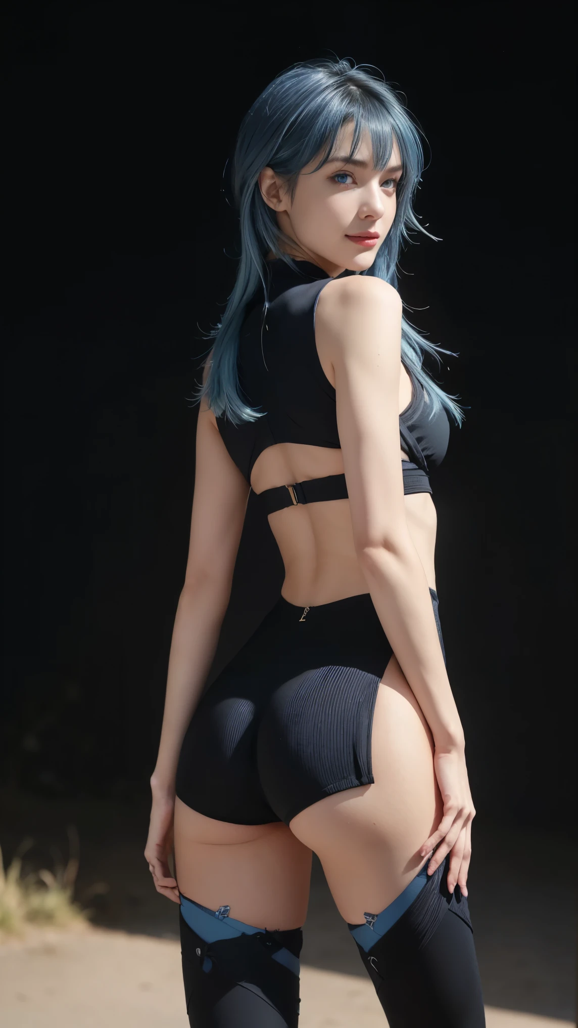 8K, Top Quality, Intricate Details, Ultra Detail, Ultra High Resolution, Masterpiece, close up shot, shot from behind, (()), ((, )) (Looking back), (full body: 1.1), Slender, Smile, smirk, (Makeup: 0.4), ,(( bangs, blue eyes, blue hair, bangs, , )), (Fluffy Eyes: 1.21), (()), 1girl, solo, 1 girl, (()), close up shot, , ((tall)), (((fit body))), (((slim face))), sharp face, ((walking pose)) ,(detailed face), sharp face, small lips, smirk ,smile ,(( ass , butt cheek,)) ,, ,
((, , wind blow hair, )), , ((skin tight outfit )), detailed face, detailed breast, large breast, huge breast, detailed ass , large ass, huge ass, detail nipples ,, Narrow Waist, Skinny, tall , 190 cm tall, Muscular, Navel, Exposed Abdomen, Pointed Chest,, Beautiful girl with accentuated slender abs: 1.4, Six Pack Abs: 1.4, , Perfect Body, detail legs, (( dark background)), black background,