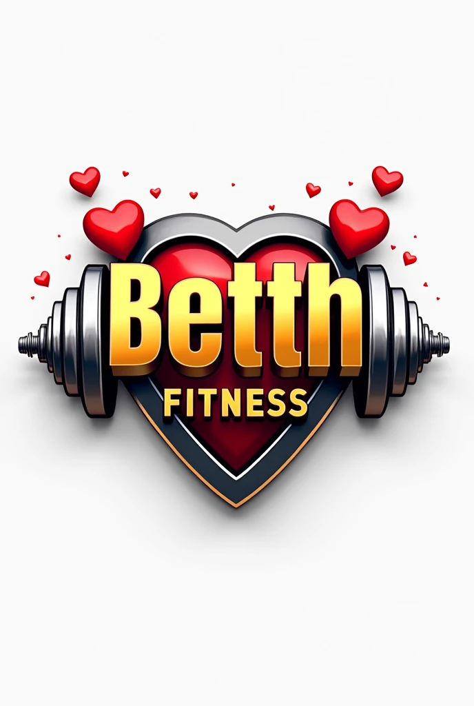 Betth Fitness logo in gold color in 3D with dumbbells and red hearts