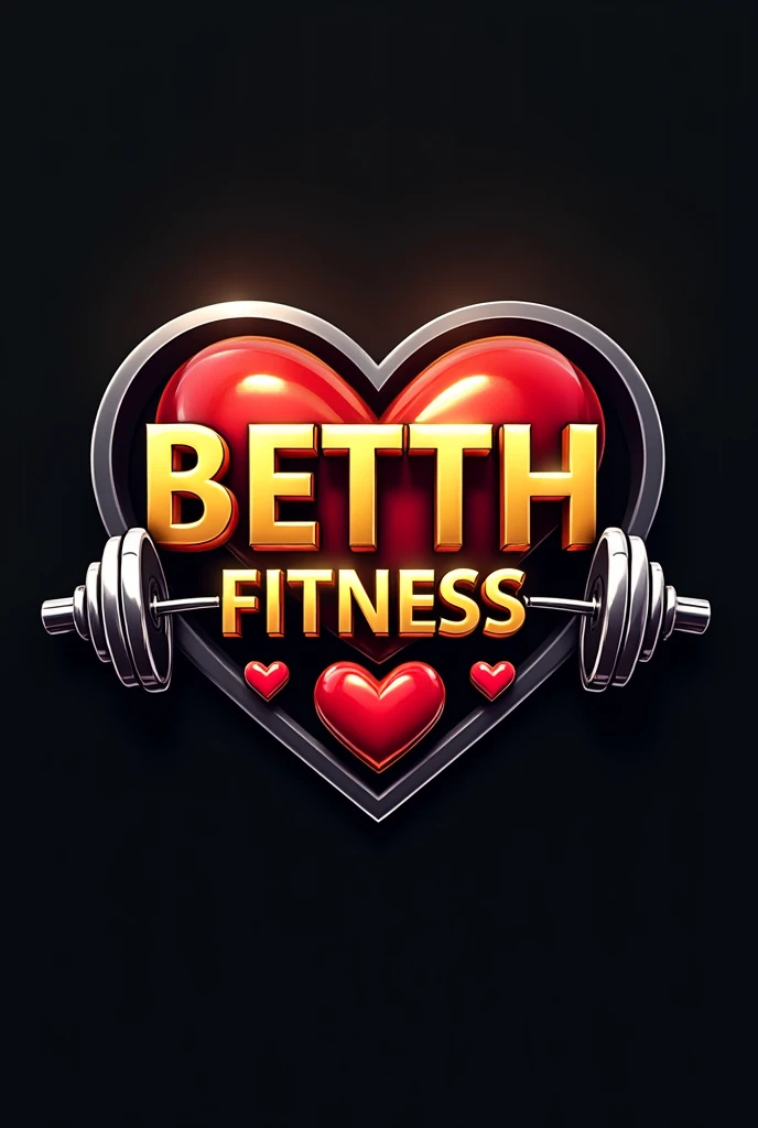 Betth Fitness logo in gold color in 3D with dumbbells and red hearts