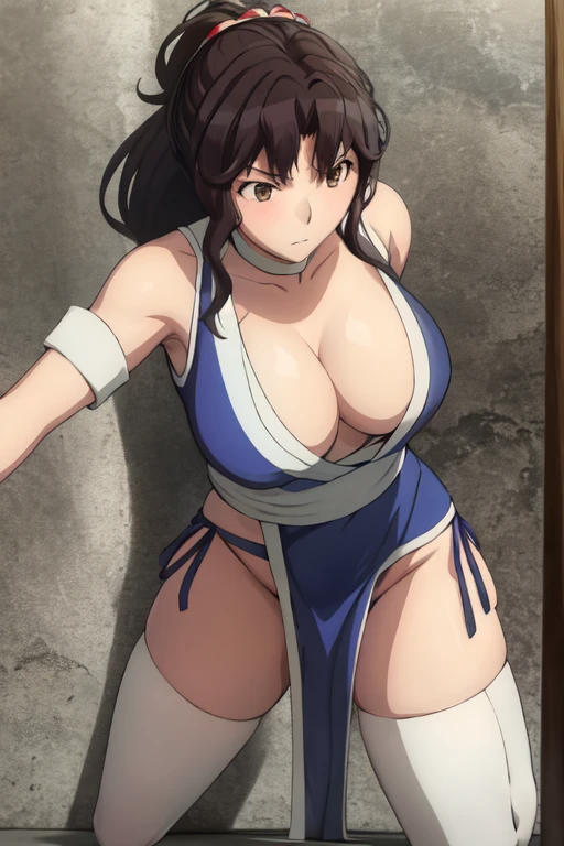 masterpiece, best quality, beautiful art, high resolution, well formed hands, body and fingers, 1 woman, solo,Kaoru Tanamachi, 31 years old, hair ornament, adult, grown up, big breasted, cleavage, full body, braided long hair, blue_japanese_clothes, wearing DOA Kasumi's blue kunoichi dress, sexy and skimpy japanese clothes, kimono peek, sleeveless, panties peek, white stockings, gorgeous legs and thighs, ryona , in peril, she is being beaten up by her opponent, she is knocked down and she is slapped in the face , she is pushed against the wall, being humiliated by her opponent, receiving the impact of her opponent's attacks, she is dizzy and exhausted, looking at the viewer with anxiety and fear, being at the edge of defeat, heroine in peril, ryona scene