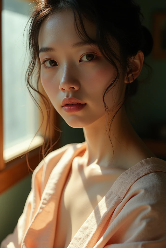 An elegantly dressed Japanese woman in natural light、A close-up of her chest and calm expression.、It shows her inner peace and outer charm.。