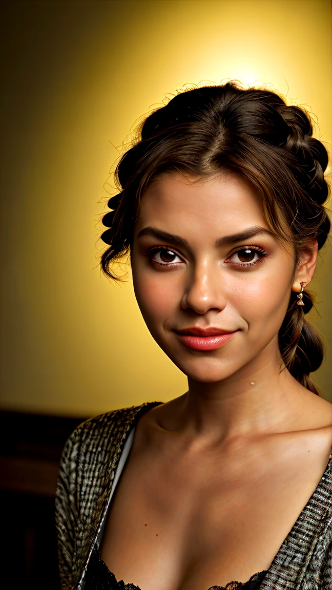 chiaroscuro portrait, high contrast, dramatic, Rembrandt lighting, close range of realistic photo of Giusy Meloni, focus on smiling face , her taupe color hair is styled as side braid hair, looking on camera, medium breast, breast skin texture, realistic akin, nude