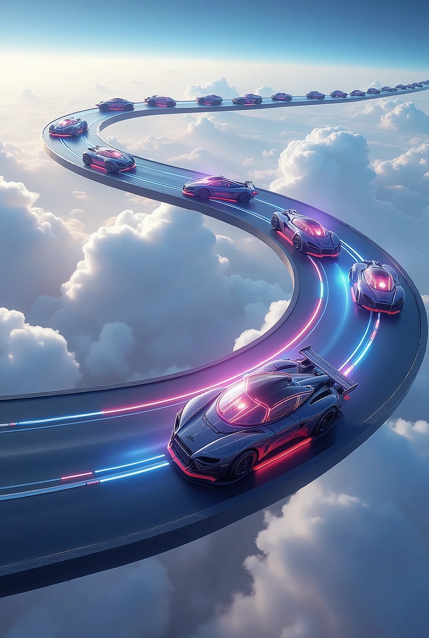 a racetrack in the sky with brightly colored hovercraft circling it.