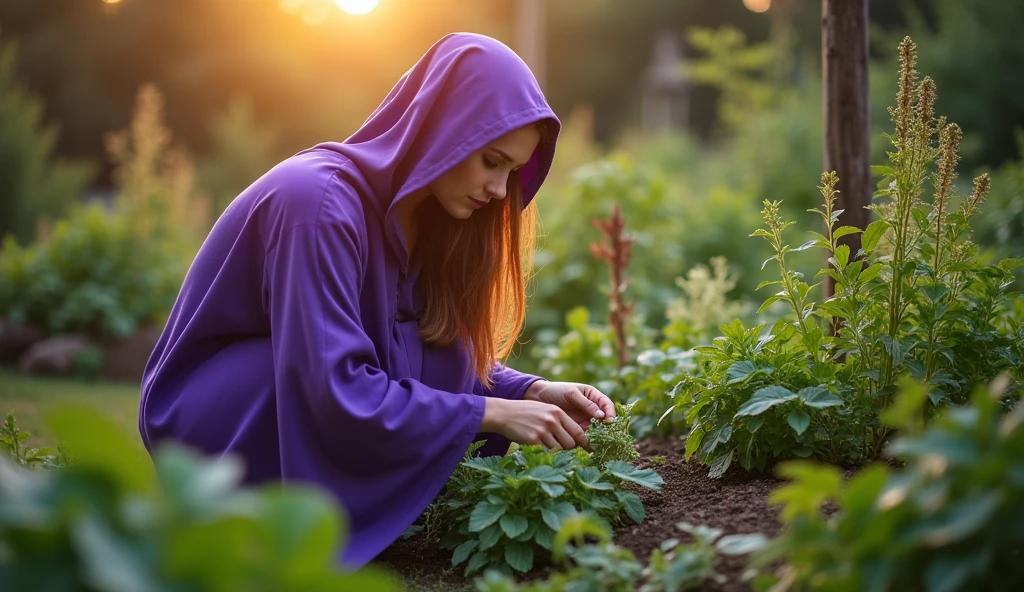 woman with violet priestess cloak, working on the VARIOUS HERB BED in your home garden, without gloves with perfect hands on the ground, convey depth, lots of HERBS in the evening sun
