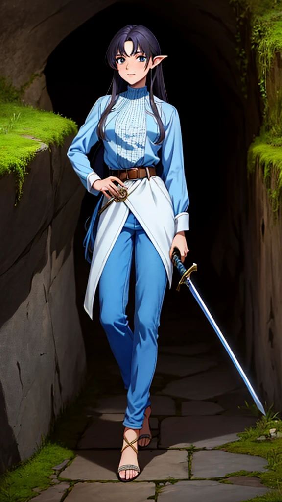 Masterpiece, best quality, medieval, fantasy, RPG, cave, labyrinth, dungeon, stone block wall, moss, man, long sword, two-handed sword, leather sandals, shirt with long sleeves, blue and white shirt, belt over the blouse, blue pants, dark hair,