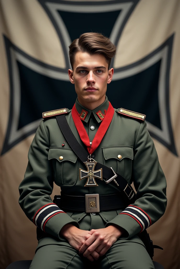 A young German Wehrmacht tank commander wearing the Iron Cross stands in front of the Iron Cross flag