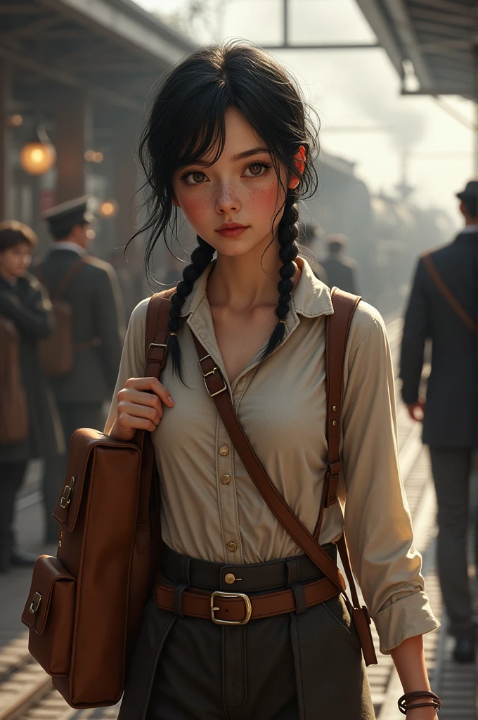 A girl 18 to 20 years old hairs dark black skin tone fair from late 19th century standin on a train frekles on her face athletic body carrying a leather backpack of brown colour 
 
