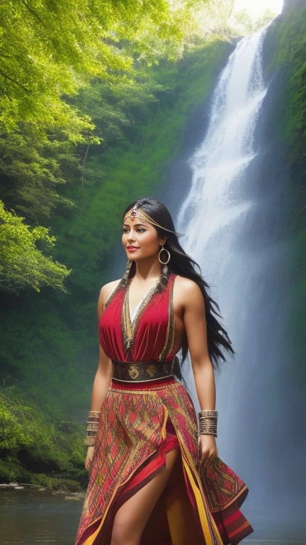 Araffe woman in native dress walking in front of a waterfall, Pocahontas, retrato de un joven Pocahontas, smiling, big chest, strong hips, curvilinear.retrato de Pocahontas, warrior dress, Warrior woman, Warrior Princess, amazon warrior, cave woman, dwayne johnson as wonder woman, Aztec warrior goddess, una hermosa Warrior woman, native american, tribal clothing, aztec princess portrait