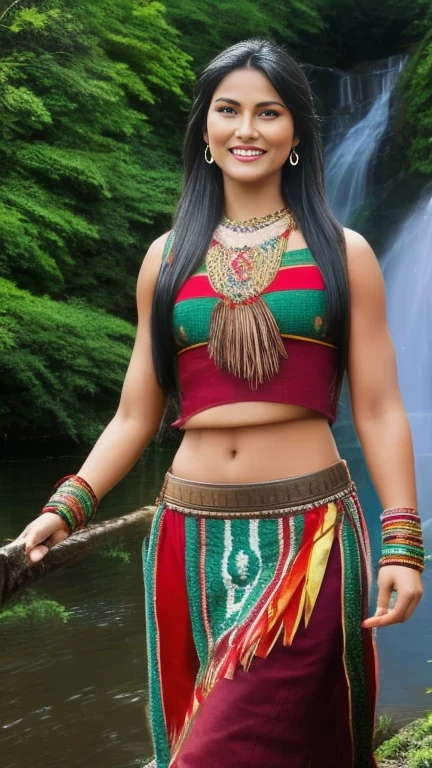 Beautiful native American girl, brown skin, long black hair, green eyes wearing red native south American clothing (crop top and skirt) and gold jewellery in a south American jungle by the coast