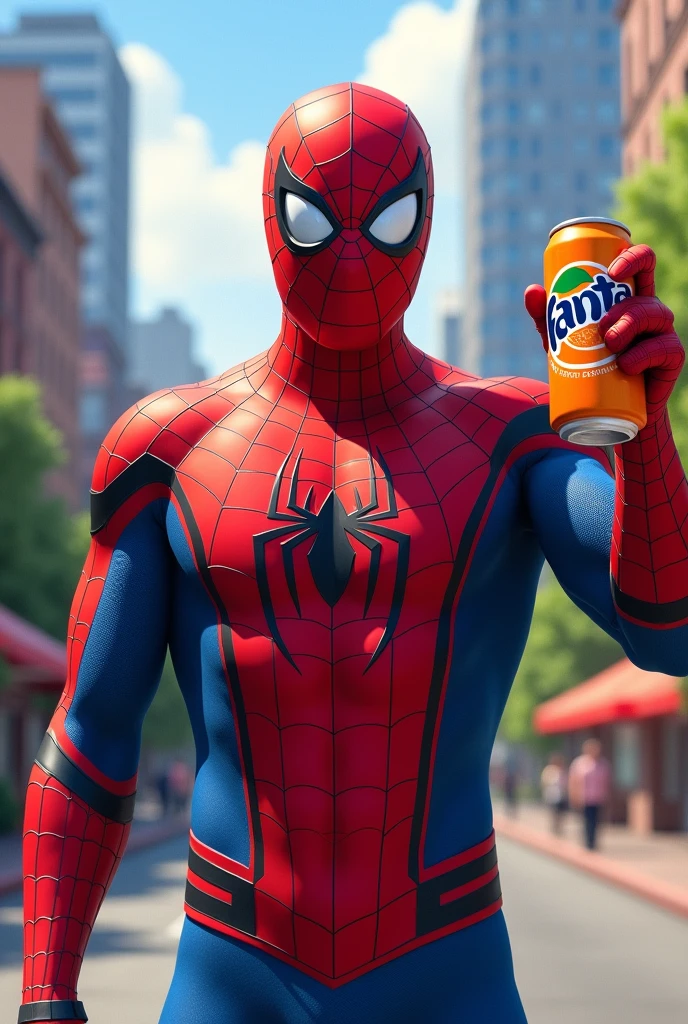 Spiderman with a can of orange-flavored Fanta in his hand posing for a photo while giving his thumbs up