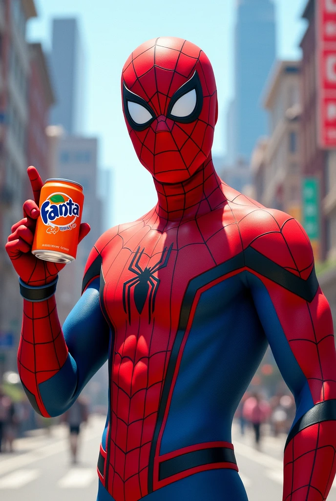 Spiderman with a can of orange-flavored Fanta in his hand posing for a photo while giving his thumbs up 