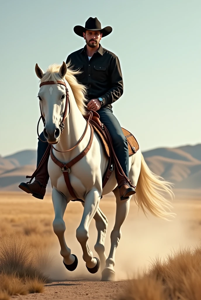 White horse with light brown saddle, male rider on horse with black shirt, blue jeans pants, brown Texan boots and black hat