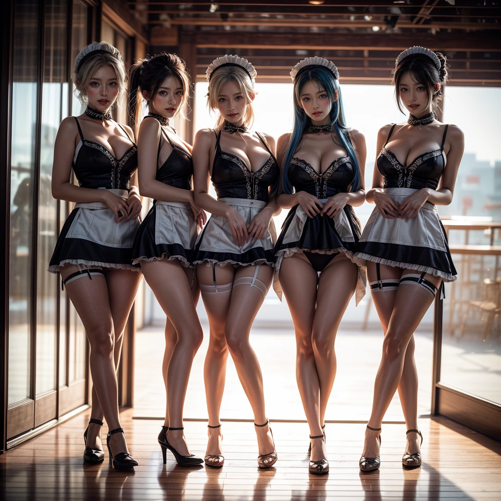 (Full Body of Extremely Detailed((Sexy Maid Group in a row:1.37))), KAWAII perfect face, Reflective Eyes, Detailed(Delicate Clothing textures), Correct Leg Line, Dynamic Joyful Expressions LifeLike Rendering, Specular Reflection, TopQuality 8K Ultra-detailed masterpiece (ProfessionalPhoto:1.37), (Acutance:0.8), (Luminism:1.28), (Renaissance art style), Colorful Light particles, ((Full body from side)), {MicroMini Skirt|Kissing|Breast Lifting|Undressing|Thigh Gap|AssFocus|NakedApron with SideBoob}, Radiant Fine Skin with Transparency, (Exposed:0.4), (Different types of Anime hair color){Pink Hair|Blue Hair|Platinum Blonde|Pure White Hair|Liquid Hair}, Perfect Lighting