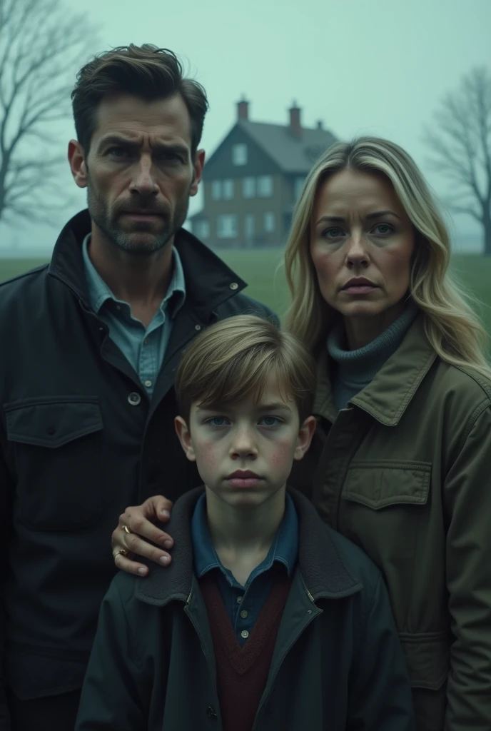 A woman of approximately 22 years old, a 10 year old blond boy, a blond teenager with freckles and a necklace with a blue amulet. They are all holding hands in front of an old, abandoned house and their expressions are filled with fear.