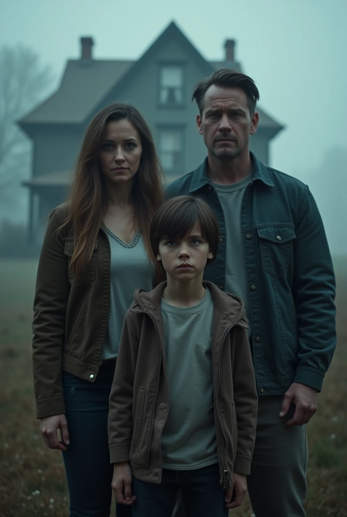 close up of husband, wife, and teenage son outside a house in the countryside, nightmare