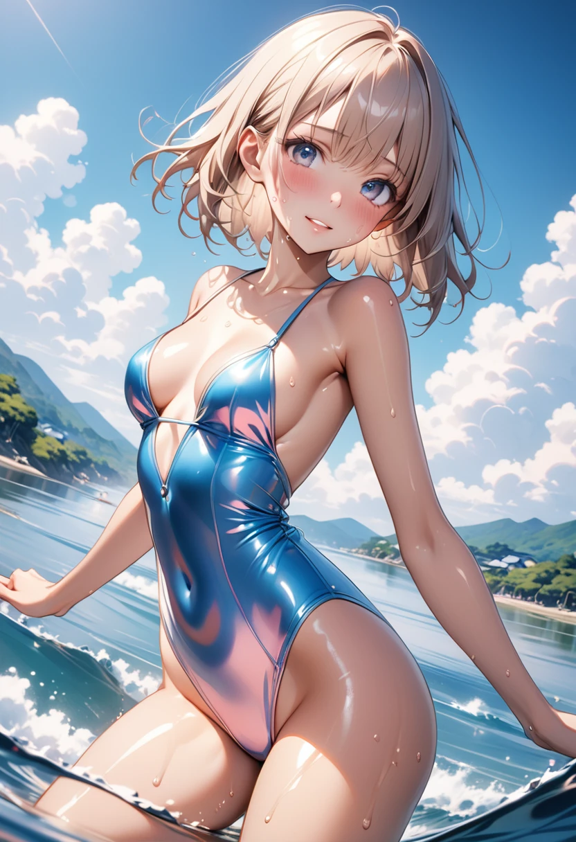 (((Japanese Landscape))), (((Swimming in the sea))), ((Swimsuit)), (((tanline))), ((Shiny Costumes)), skindentation, skinny, solo, 1 woman, Masterpiece, highest quality, highest quality, 16K, incredibly absurd, highly detailed, 2.5D, ai-generated, delicate and dynamic, very delicate facial expressions, delicate eye depiction, erotic, only sexy woman, ((A cute and kind face)), healthy figure, ((25-year-old woman)), 160cm tall, medium firm swaying bust, Sweat,Embarrassed,sexy, ((thin thighs)), (camel toe:0.7), , (Erect nipples,:0.7), shiny and lustrous, facing straight at viewer, (((in heat))), ((Oily_skin)), ((Lots of sweat)), ((dutch angle)), ((erotic pose)), (((Very dynamic pose))), The countryside by the sea in Japan, the sea in midsummer, summer vacation,