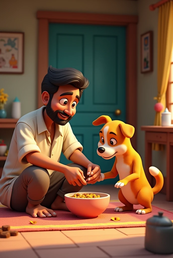 Cartoon 3d animation style"
Ramesh tending to the dog at his modest home**, applying medicine to the dog's wounds and feeding him.x