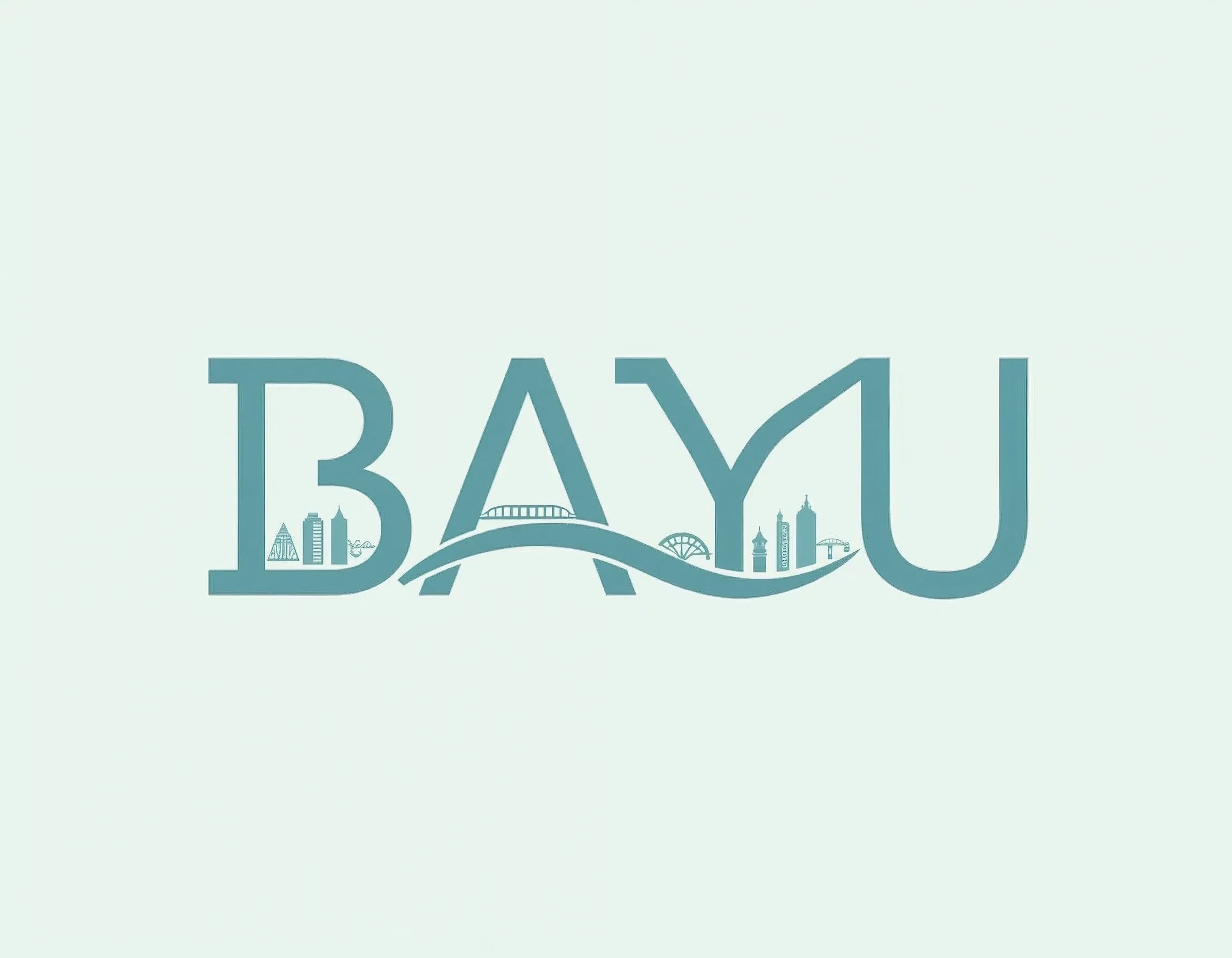 BAYU means breeze in malay. create a logo that shows the word BAYU with little city at the foot of each letter with colour