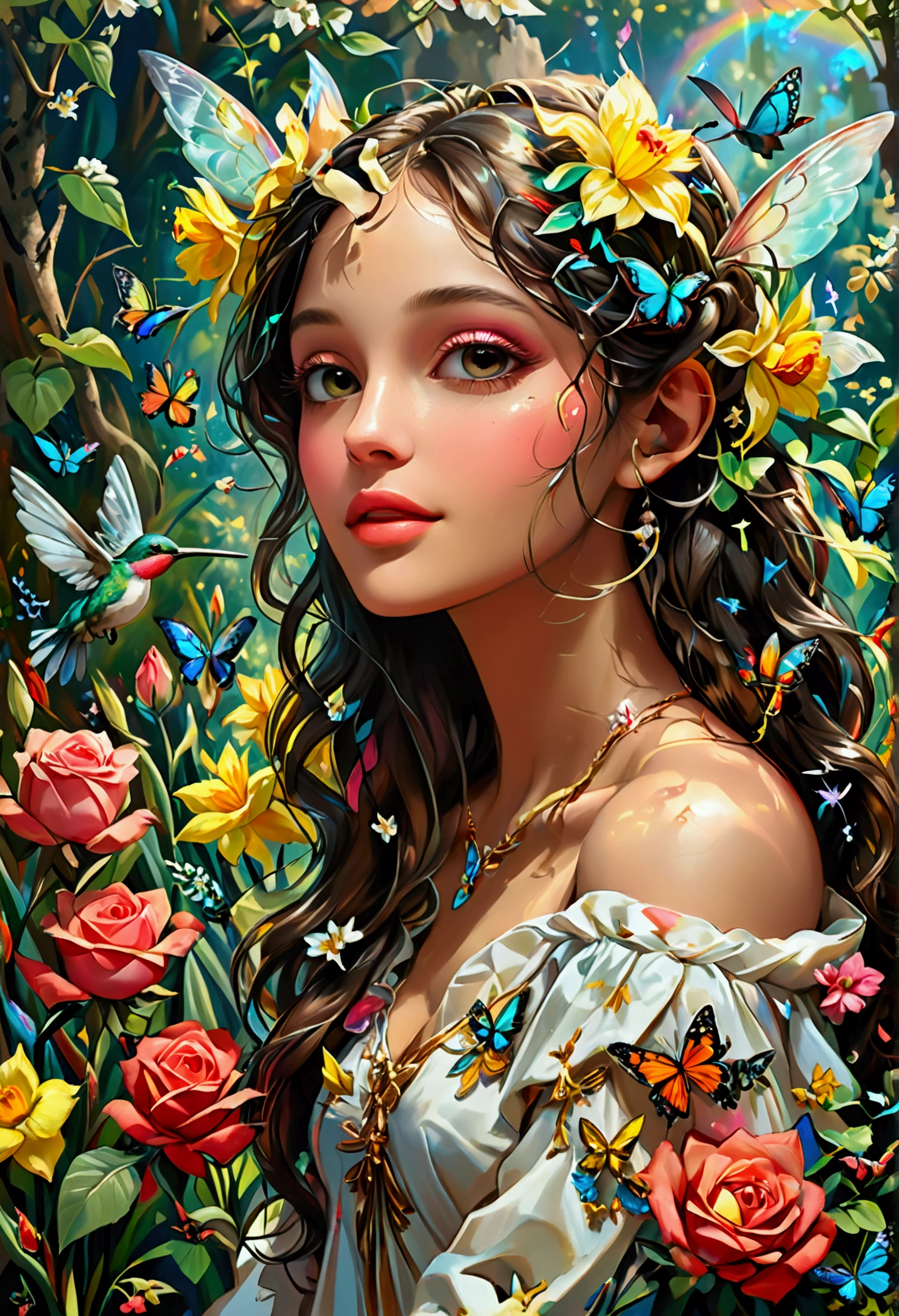 Create random replicas of the classic historical masterpieces of Leonardo da Vinci of Da Vinci Code superhit painting styles, Ultra-High Definition, 64k resolution oil painting without a frame, using full dimensions of the selected resolution to fit the artwork image, medieval era innocent looks, finely detailed to perfection, art-punk, Arabic style, countryside background, art germ, high-octane. A portrait of a Rainbow of Butterflies and Daffodils with a beautiful virgin goddess nymph winged angel in the Garden of Heaven in the Paradise, goddess nymph winged angel is a Blessed Cosmic Virgin Heavenly Bride of Holy Christ and is an exact replica of the sketch of a supermodel and singer Ariana Grande, Vatican looks and style, a precise copy of the conceptual legendary colorful Garden of Heavenly Paradise with rainbow hummingbirds and butterflies flying around, red roses and daffodils in the Heavenly Garden of Paradise with colorful random fruits on trees, a sketch of hummingbirds, butterflies, roses and daffodils is created with attention to the minutest detail, an unreal engine, ultimate beauty pro max, a quantum leap in artwork, magnificent miracle, unmatched quality, unmatched style, uniqueness to perfection, relaxed, bingo, illuminated, radiated with light, magnetic, extraordinary, a master stroke of a legendary brush, the artwork of a genius, a perfect sense of proportion and judgment, a tribute to a legendary master artist, super realistic, superhit, random dynamic poses, random smiling styles, random makeups, and random styles, vibrant 256k colors, ultimate art, extraordinary level portrait painting, master craftsmanship of sketching beautiful human female hands with strictly 4 symmetrical natural fingers on each hand in extremely minutest detail of care applied, silky smooth texture of hands, GEFORCE RTX GPU magic, artwork for British Isles and French market customers, Professional commercial painting