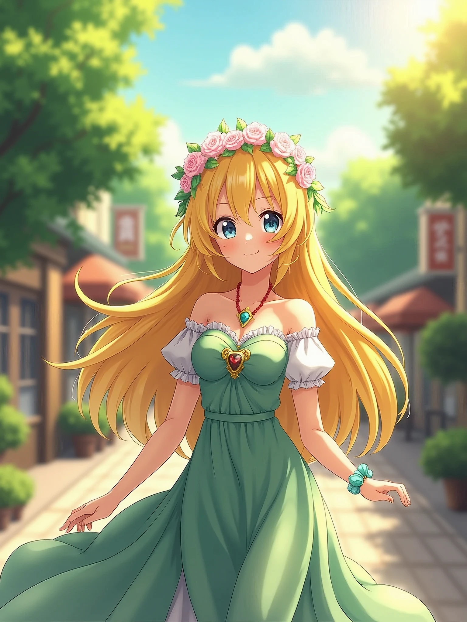Lucoa from dragons maid, smiling, brushed, walking on streets, sunny day, detailed art, delicated girl, goddess beauty, 2.5D anime artstyle