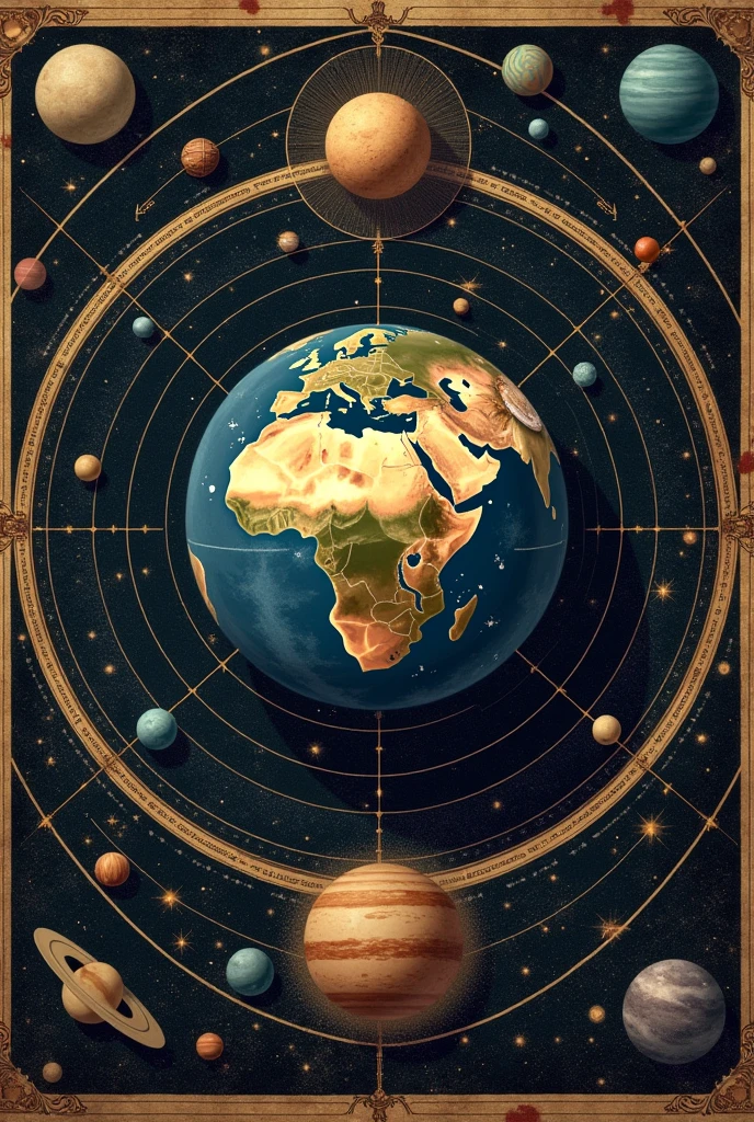 Ancient star map, with the Earth at the center (geocentric model) and the planets orbiting around it, based on the ideas of Ptolemy.