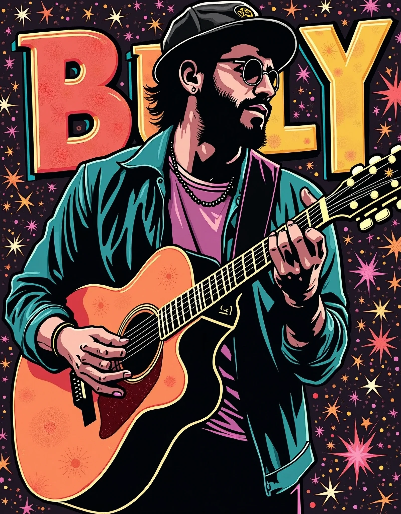 (masterpiece:1.2),(Highest quality),(Very detailed),(Ultra-high resolution),(Best illustrations),8k,wallpaper,Music record jacket design,Acid Jazz,Vector art,Flat Design,Band name"BULY"Display as text,(The overall design is monochrome with pop colors for the text.:2.0)