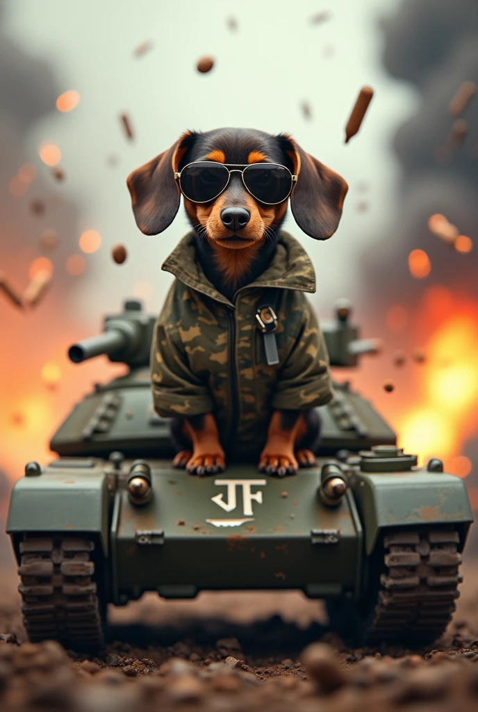 Dachshund Longhaired、Oakley Sunglasses、Wearing a military uniform as a cadet、Intense battlefield with missiles flying、Riding in a tank firing a cannon、Smoking a cigar、explosion、JTt written on the tank's body