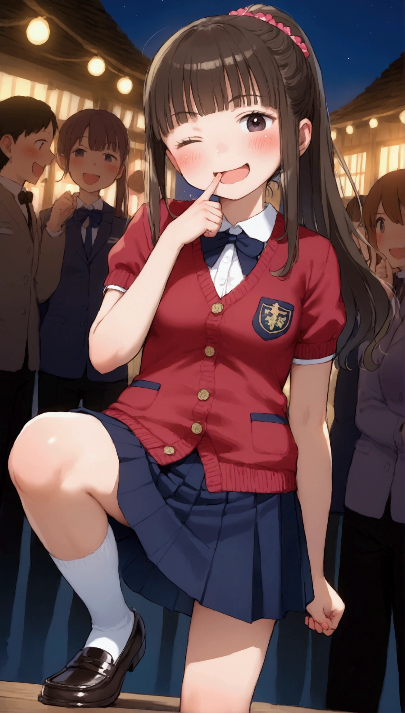 {Highest quality}, {Super beautiful},{Ultra fine},{Best illustration},Brown Hair,Hime cut,long hair,ponytail,One woman,Standing Woman,Strike a pose,Adult women,smug face,Excited face,Wink,uniform,cardigan,Short sleeve,skirt,Night Festival,Blushing,Slender,Black knee-high socks,Black Loafers,From an angle,Spread your legs,Put your finger over your mouth
