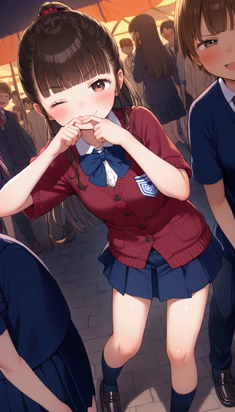 {Highest quality}, {Super beautiful},{Ultra fine},{Best illustration},Brown Hair,Hime cut,long hair,ponytail,One woman,Standing Woman,Strike a pose,Adult women,smug face,Excited face,Wink,uniform,cardigan,Short sleeve,skirt,Night Festival,Blushing,Slender,Black knee-high socks,Black Loafers,From an angle,Spread your legs,Put your finger over your mouth