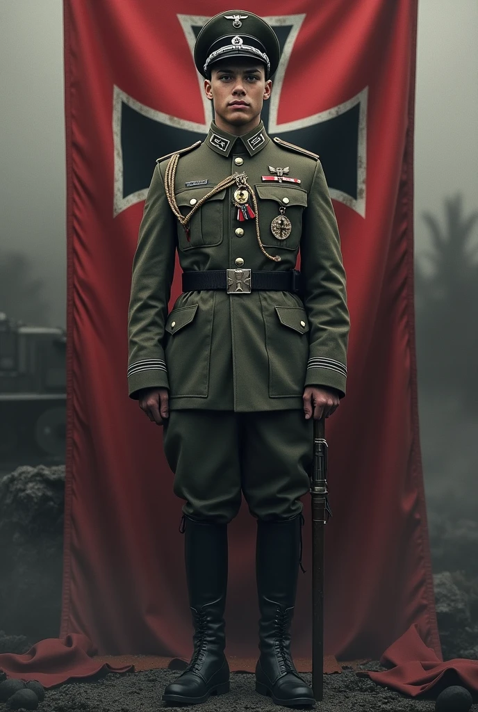 A young German Wehrmacht tank commander wearing the Iron Cross stands in front of the Iron Cross flag