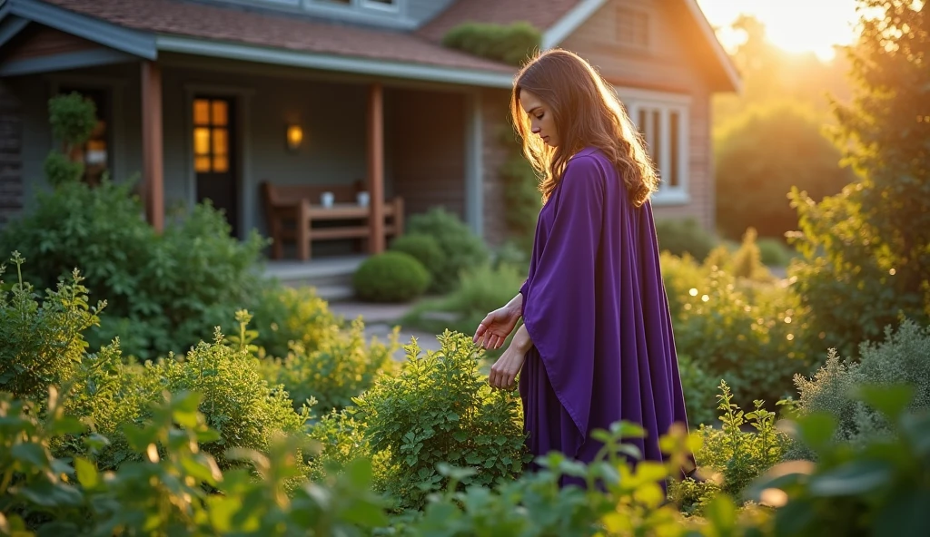 woman with violet priestess cloak, moving the BED OF VARIOUS HERBS standing up, in the garden of your house, without gloves with perfect hands on the ground, convey depth, lots of HERBS in the evening sun