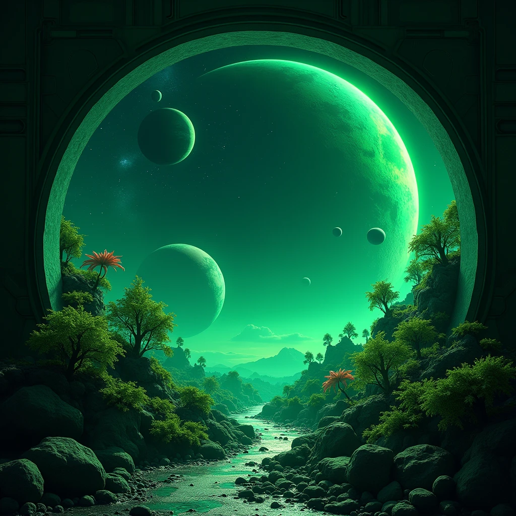 Circular frame, Outer space, neon green colors, Planets and asteroids, strange plants.