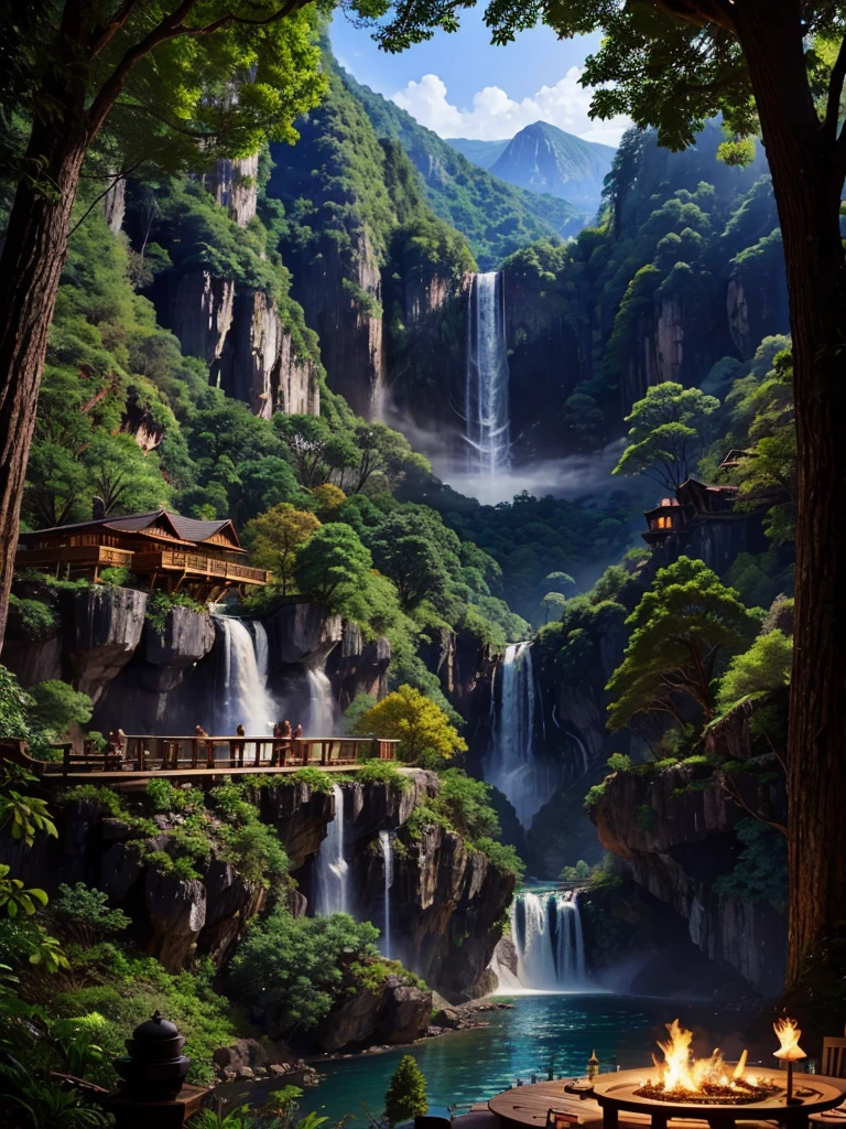 In a giant forest,masterpiece,barbecue,Giant ginkgo tree,Super high-end ingredients,steak,Huge waterfall,Beautiful views,Great view,Clean river,meat,Paradise,romantic,Drink,mysterious,Fantasy,perfection