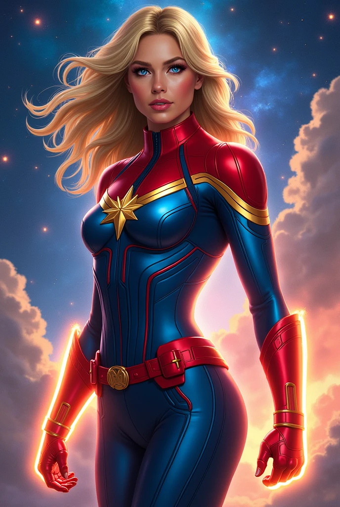 Female super hero, outfit inspired in comics Captain Marvel, Galaxy background, blonde long hair, light power, blue eyes, realistic art, mature hero