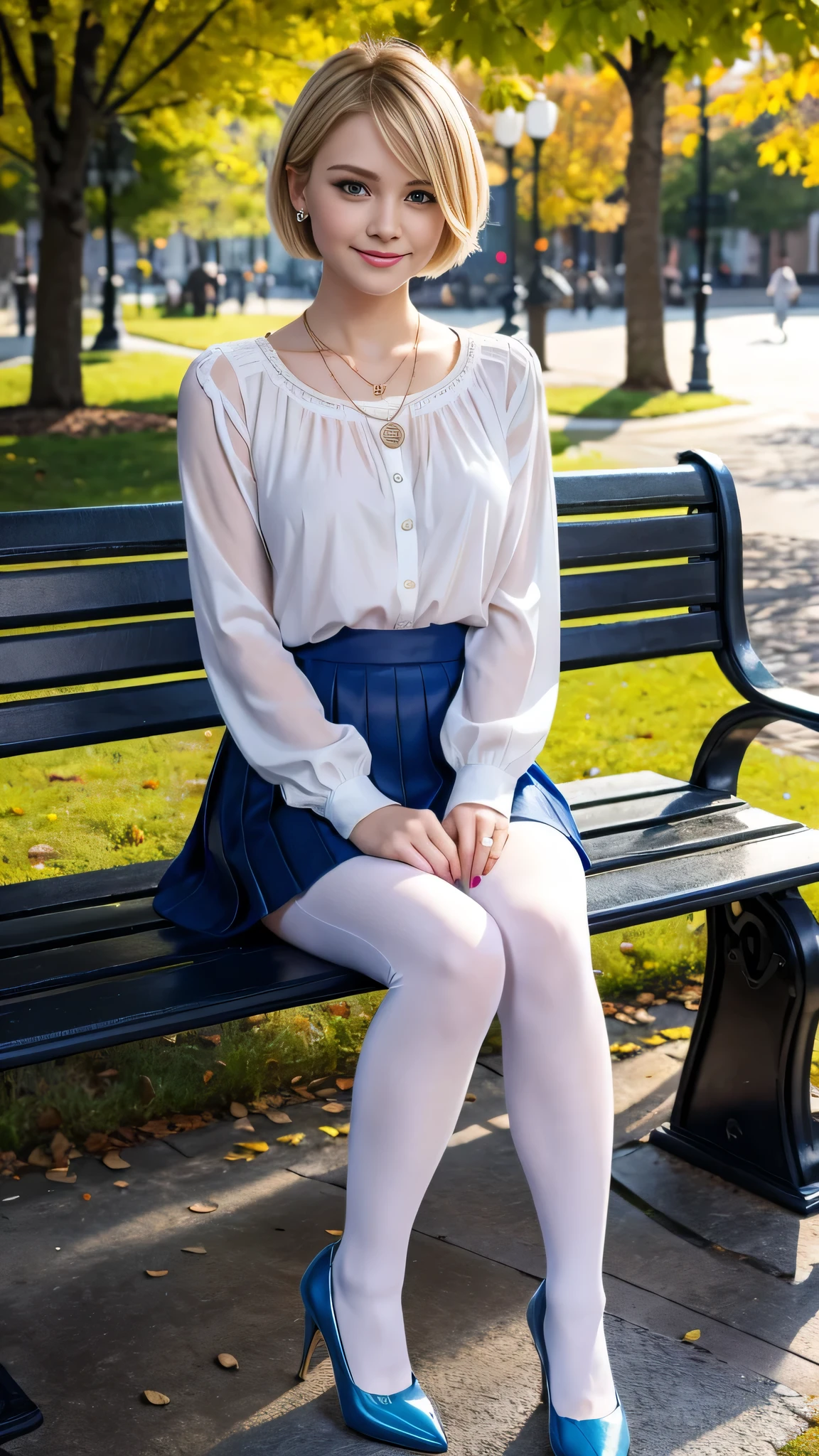Super Resolution、Beautiful Caucasian Woman、Full body photo、sitting on a park bench、Blonde Hair、Short Haircut、Blue eyes、、ear piercing、necklace、Long sleeve blouse、Knee-length skirt、tights、pumps、Closed mouth smile、