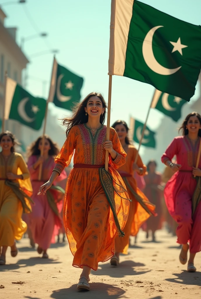 Pakistani women in Punjabi dress running with Pakistan flags in hand