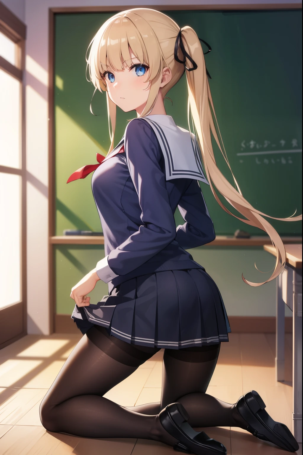 eririspencer, eriri sawamura spencer, blonde hair, blue eyes, blunt bangs, hair ribbon, hime cut, long hair, twintails, full body, full pose, BIG BREASTS, gross face, Grimace, ((kneeling)), BREAK black ribbon, black skirt, ((black pantyhose)), pleated skirt, ribbon, school uniform, skirt, zettai ryouiki, BREAK ((looking back)), ((school shoes)), BREAK indoors, classroom, BREAK (masterpiece:1.2), best quality, high resolution, unity 8k wallpaper, (illustration:0.8), (beautiful detailed eyes:1.6), extremely detailed face, perfect lighting, extremely detailed CG, (perfect hands, perfect anatomy),