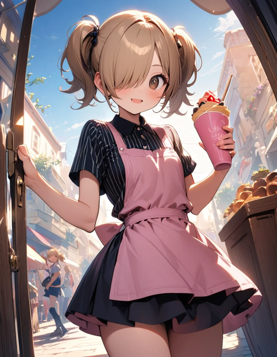 1 idol,solo,16yo,amazing quality, aesthetic, aesthetic,ultra-detailed face,detailed eyes,round eyes,brown eyes,milktea beige hair,hair over one eye,short twin tail hair,vertical stripes pattern Multicolor Short sleeves Shirt,Tight skirt,pink apron, Perfect hands, perfect fingers,(holding a crepe from Harajuku that is an inverted triangle with a circle on top),happy,Looking at viewer,Blue sky,Hands out the door of a wagon-shaped crepe shop,rim light,Dynamic angle,highly detailed illustration,masterpiece,8K,top quality,Beautiful detailed background