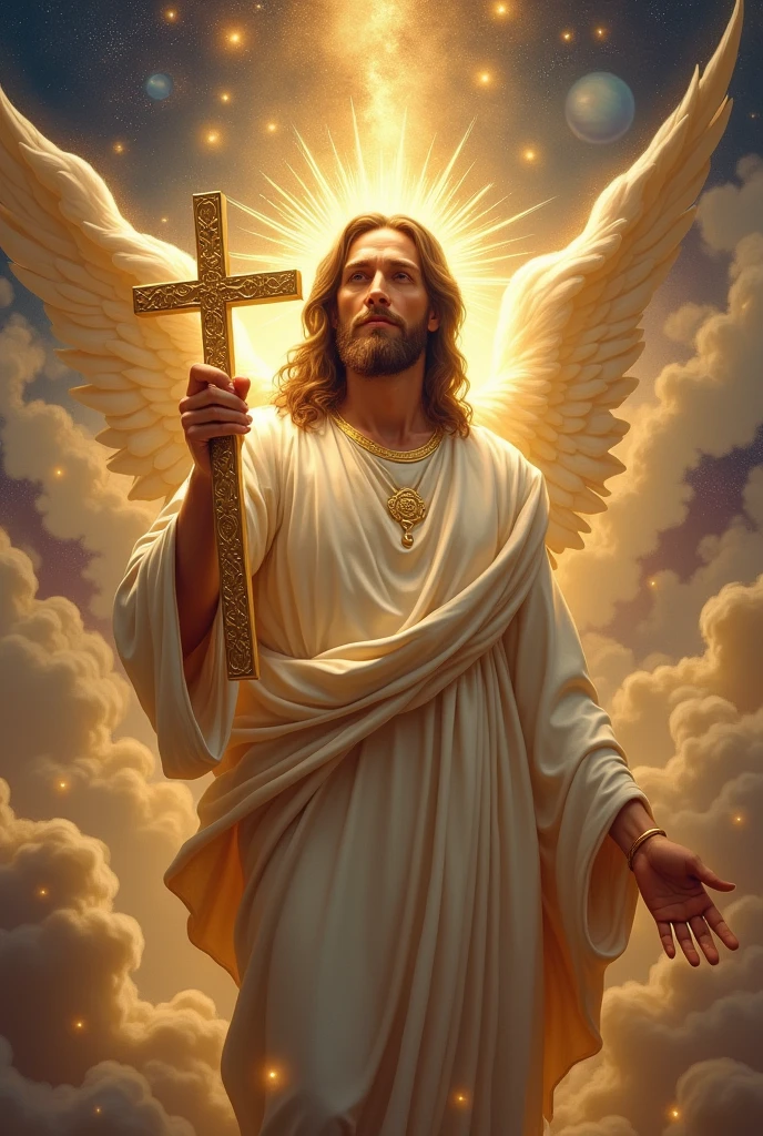 Wonderful Jesus Christ holding a golden crucifix with a heavenly aura with a splendid sky of other planets in the background with angels
