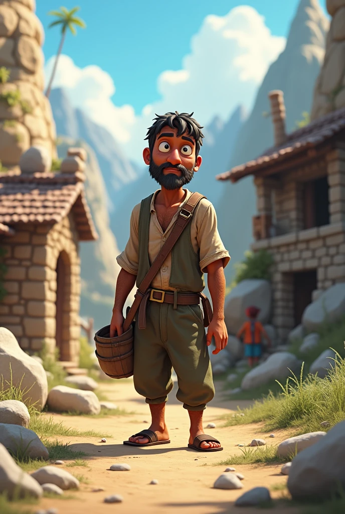 Poor village man in stone area  3d cartoon