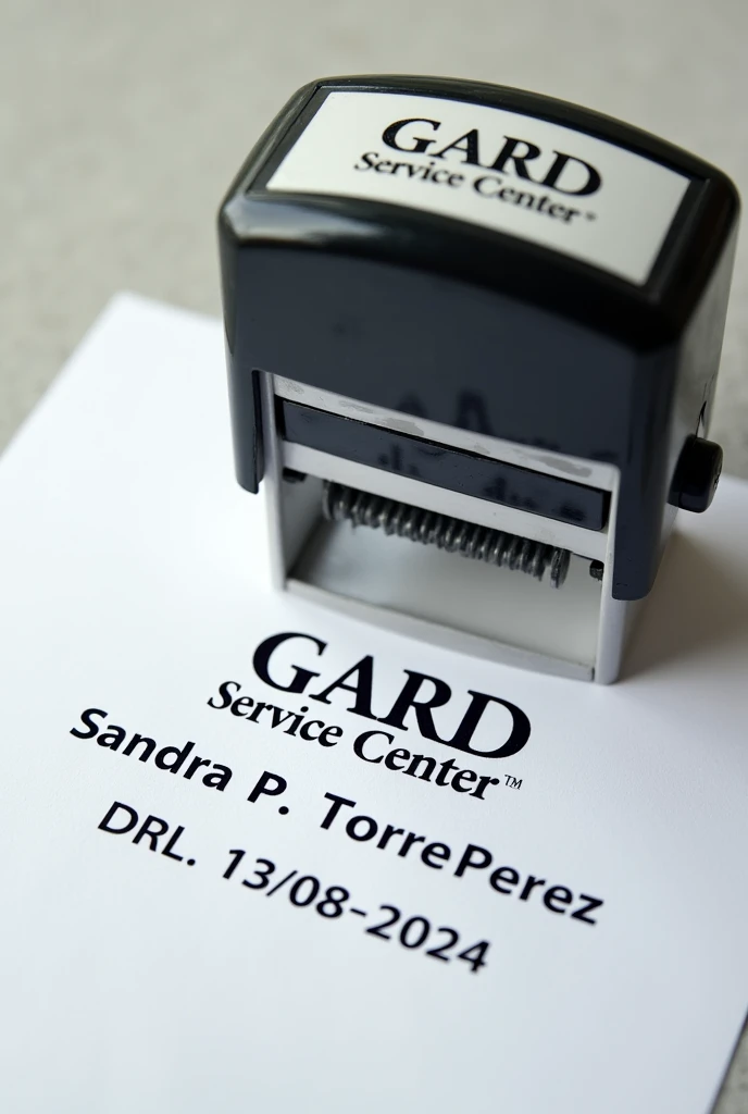 Create a stamp for documents that says "GARD Service Center" with the description "Sandra P. Torrez Perez" and dated "13/08/2024"