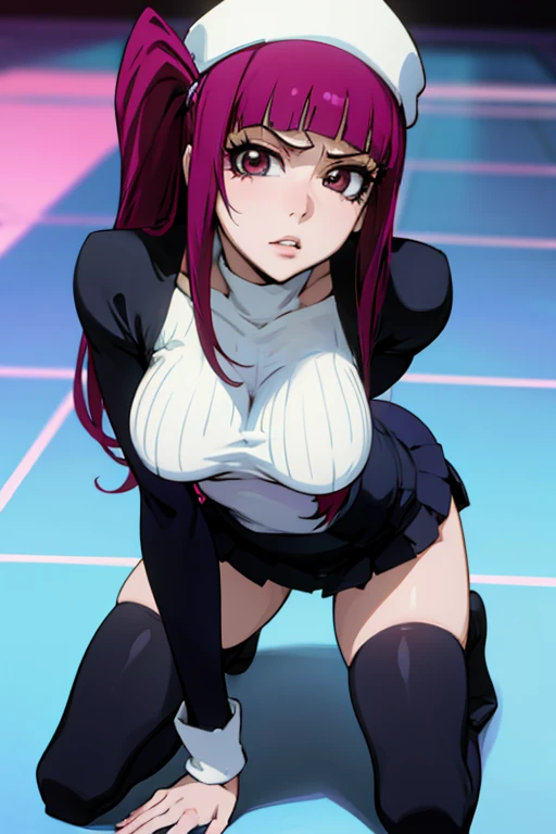 (masterpiece, Detailed Image,detailed picture) Sexy Riruka Dokugamine in her dress and hat, bleach girl, top quality, 16 thousand, ultra-detailed, black stockings, stands on all fours with his butt up and his head underneath, legs spread apart, beautiful Riruka Dokugamine, Big breasts, bitch face, attention to the tight stockings,correct anatomy, Double check your anatomy