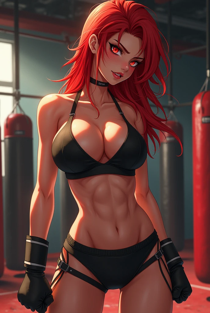 Hot, sexy more seductive angry aggressive anime girl, and also with gym boxing equipment red hair