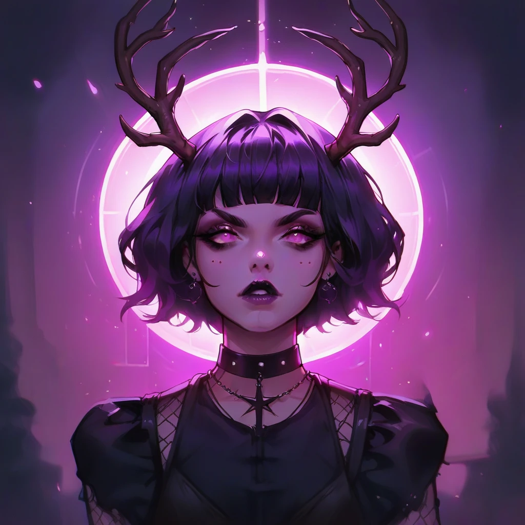 score_9, score_8_up, score_7_up, score_6_up, bg4, fierce Jackalope, antlers, short hair. purple black and fuchsia, gothic neon