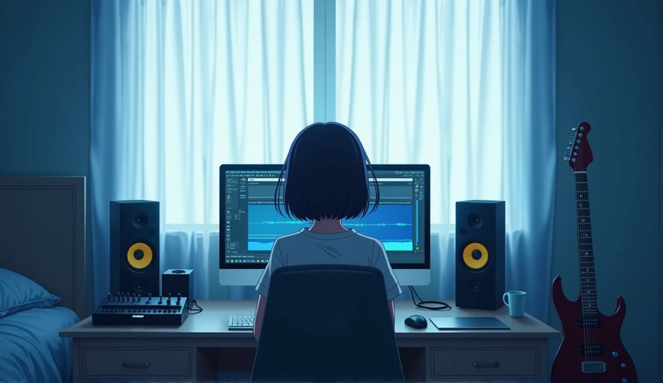 white Emotional computer speaker A red electric guitar leaning against a wall Desktop Music dawn An illustration Anime Style Electric guitar close-up
